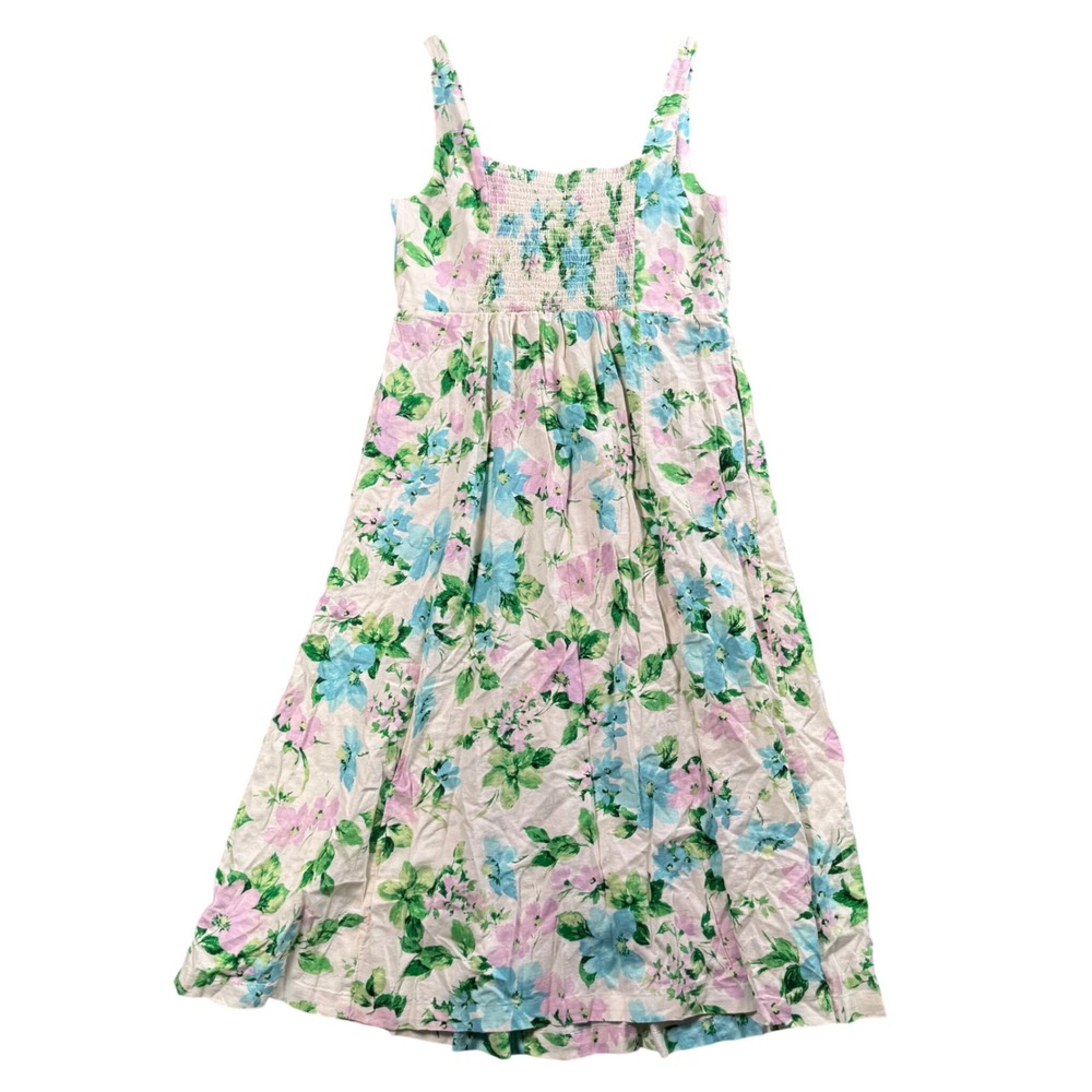 Cottagecore Floral Midi Sundress Prairie Garden Party Linen Blend‎ Smocked NWT L - Picture 2 of 12